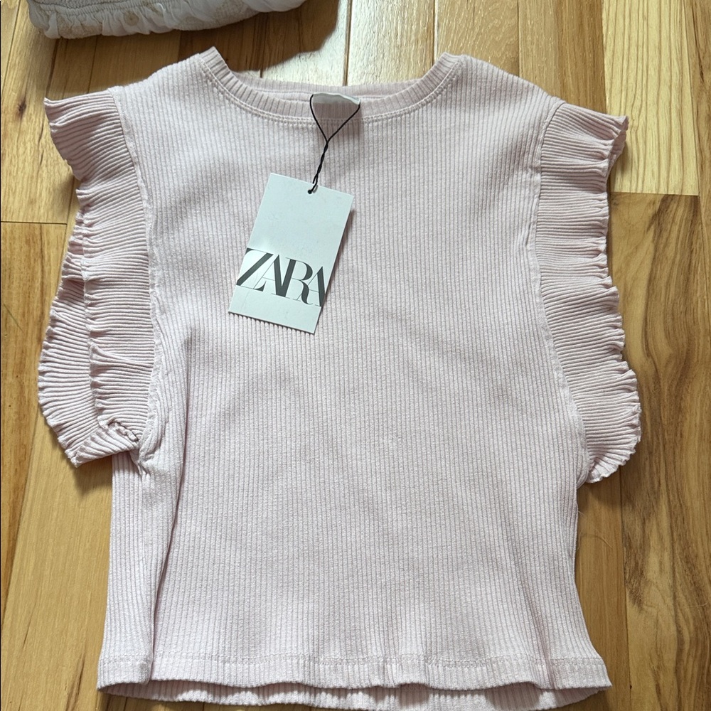 Zara Light Pink Ribbed Top with Ruffle Sleeves